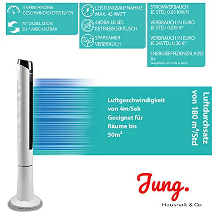 Commodoor TVE24 120 cm Turmventilator mit Fernbedienung, 45W, leise, energiesparend, Kinderzimmer geeignet, für Räume bis 50 m², Luftkühler
