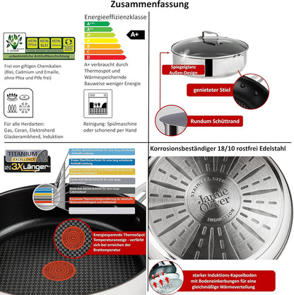 Tefal E30 Jamie Oliver Set 20 Servierpfanne 25 cm Induktion 2 tlg, Edelstahl Antihaft, ThermoSpot, Spülmaschinenfest, Hitzebeständig bis 260°C, Induktionsherd geeignet, 2 Seitengriffe, Glasdecke