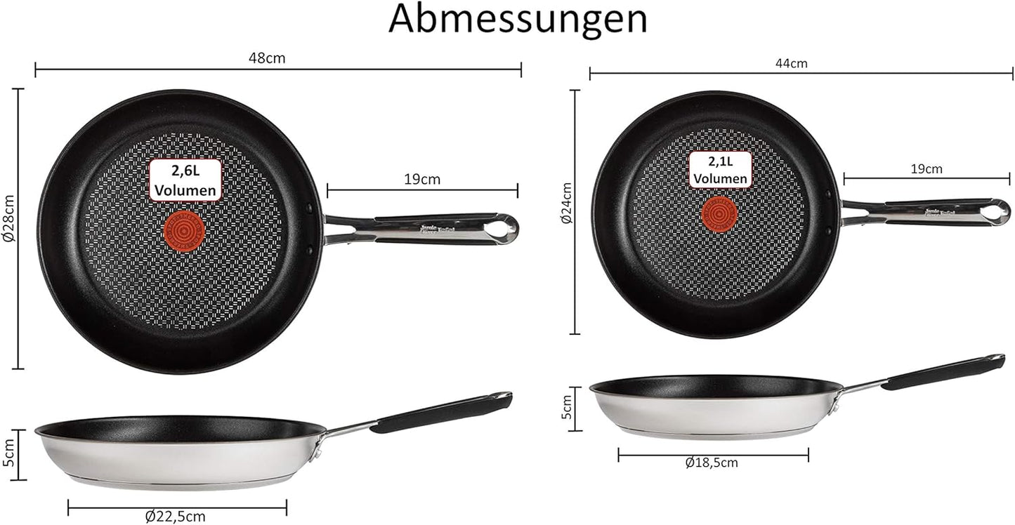 Tefal E30 Jamie Oliver Edelstahlpfannenset Induktion Set 9 - 4-teilig 28 cm + 24 cm Bratpfannen mit ThermoSpot Antihaftbeschichtung Titan Excellence, rutschfeste Griffe, für Induktionsherd, Backofenfest, Spülmaschinengeeignet