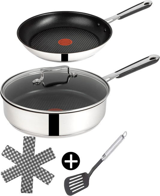Tefal E30 Jamie Oliver 5-teiliges Set 11 Pfannenset Induktion 20 cm + Schmorpfanne 25 cm mit Deckel, Titanium Excellence Antihaftbeschichtung, ThermoSpot, rutschfeste Griffe, Spülmaschinenfest, für alle Herdarten geeignet