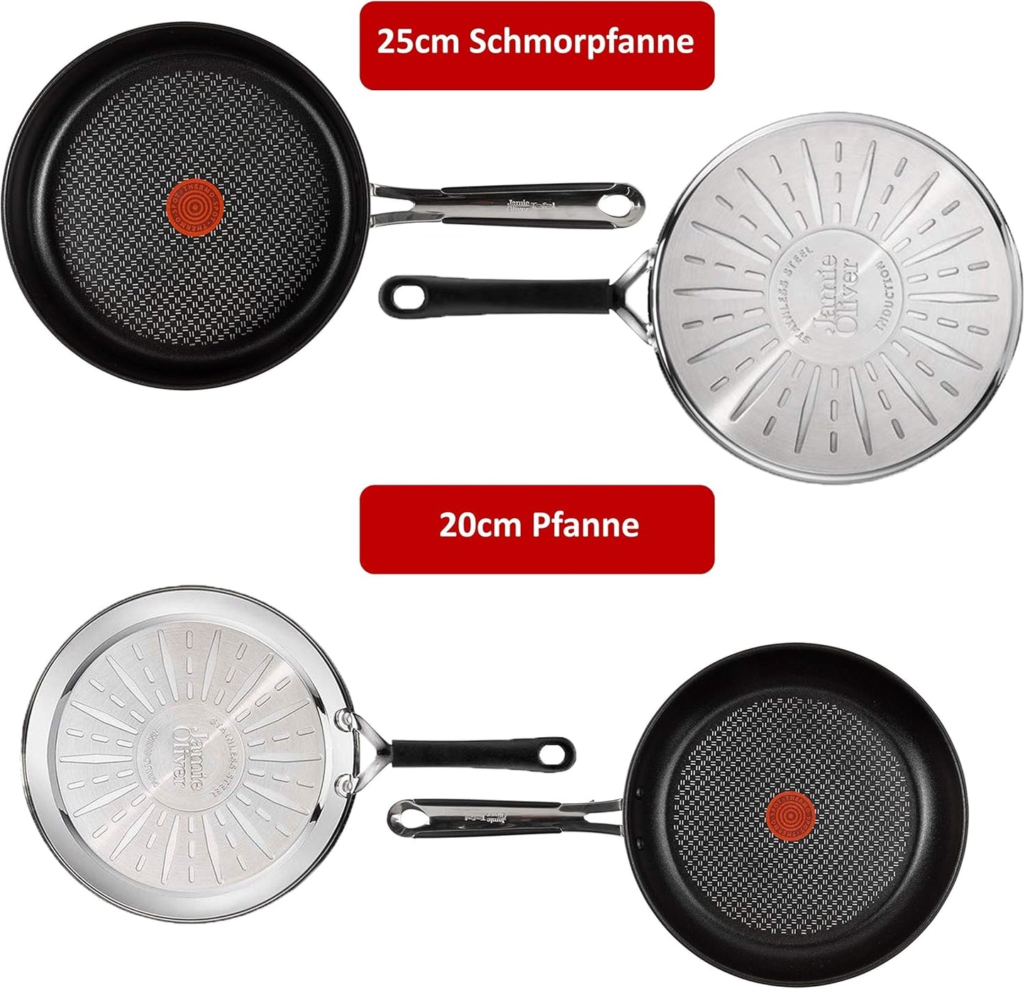 Tefal E30 Jamie Oliver 5-teiliges Set 11 Pfannenset Induktion 20 cm + Schmorpfanne 25 cm mit Deckel, Titanium Excellence Antihaftbeschichtung, ThermoSpot, rutschfeste Griffe, Spülmaschinenfest, für alle Herdarten geeignet
