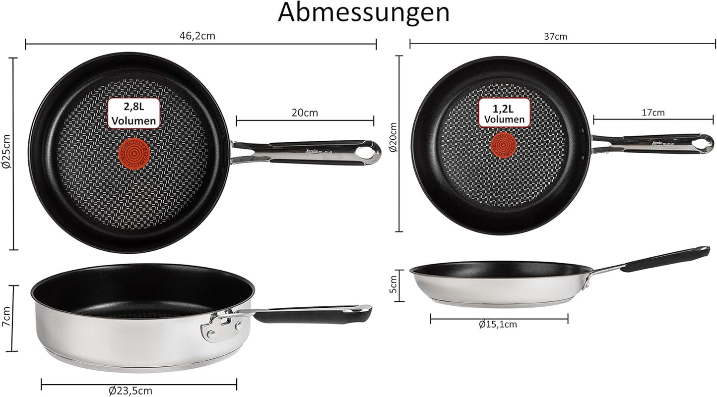 Tefal E30 Jamie Oliver 5-teiliges Set 11 Pfannenset Induktion 20 cm + Schmorpfanne 25 cm mit Deckel, Titanium Excellence Antihaftbeschichtung, ThermoSpot, rutschfeste Griffe, Spülmaschinenfest, für alle Herdarten geeignet