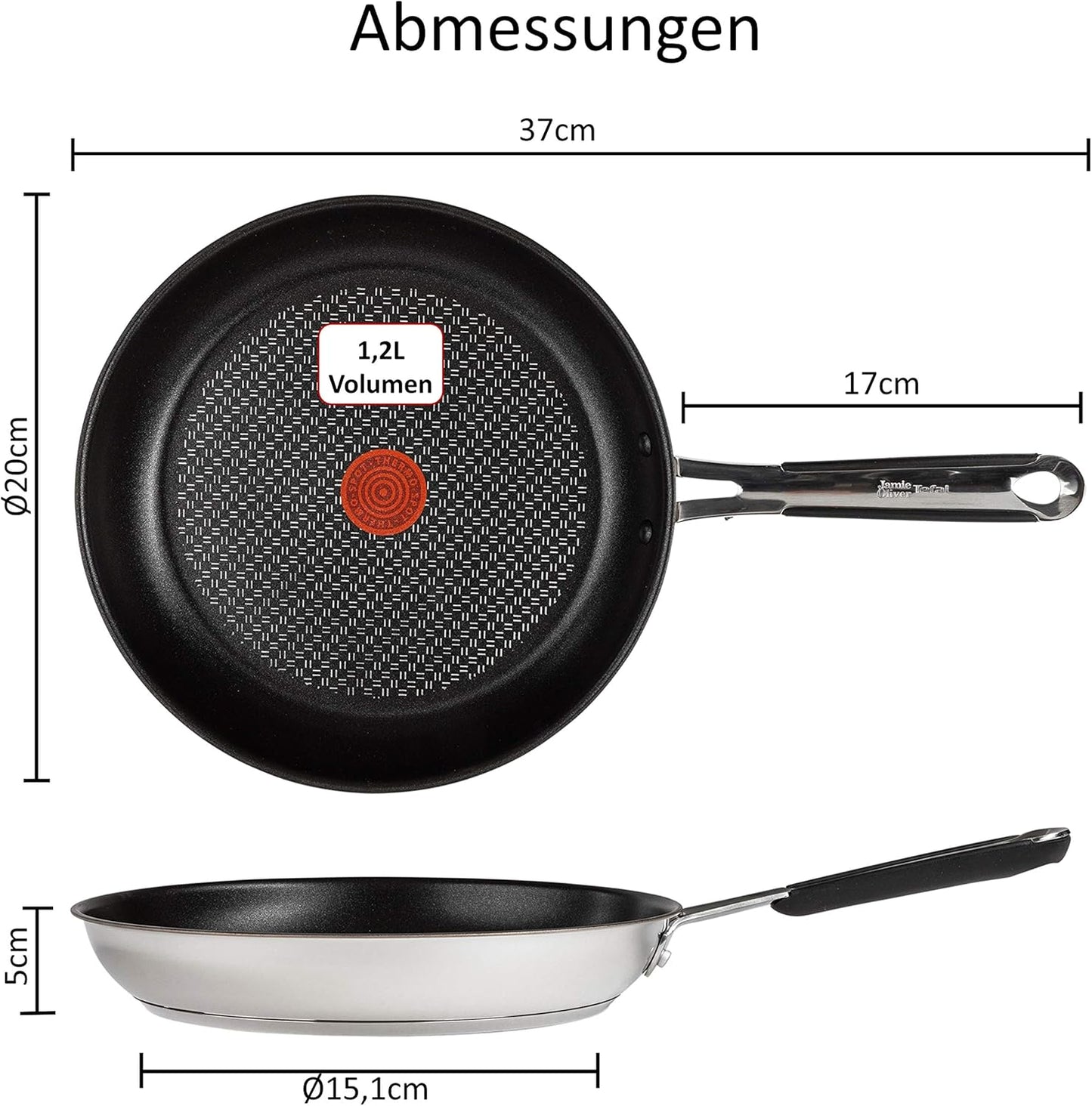 Tefal E30 Jamie Oliver Set 1 Pfanne 20 cm Induktionspfanne, Antihaftbeschichtung Titanium Excellence, ThermoSpot, Edelstahl, spülmaschinenfest, 3-teiliges Set mit Pfannenwender und Pfannenschoner
