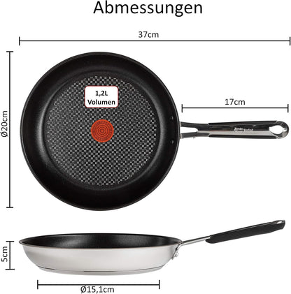 Tefal E30 Jamie Oliver Set 1 Pfanne 20 cm Induktionspfanne, Antihaftbeschichtung Titanium Excellence, ThermoSpot, Edelstahl, spülmaschinenfest, 3-teiliges Set mit Pfannenwender und Pfannenschoner