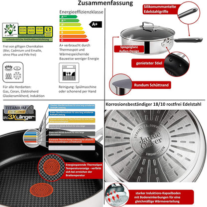 Tefal E30 Jamie Oliver Set 5 Schmorpfanne Induktion 25 cm, Pfanne mit Deckel, Titanium Excellence Antihaftbeschichtung, Spülmaschinenfest, Hitzebeständig, Für Alle Herdarten, Pfanne mit ThermoSpot