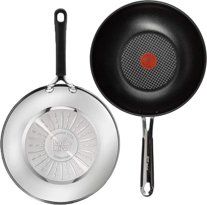 Tefal E30 Jamie Oliver Set 4 Wokpfanne Induktion 28 cm, Wokpfanne mit Antihaftbeschichtung, Spülmaschinenfest, Rutschfester Griff, Für Alle Herdarten, Silber, Hitzebeständig bis 260°C