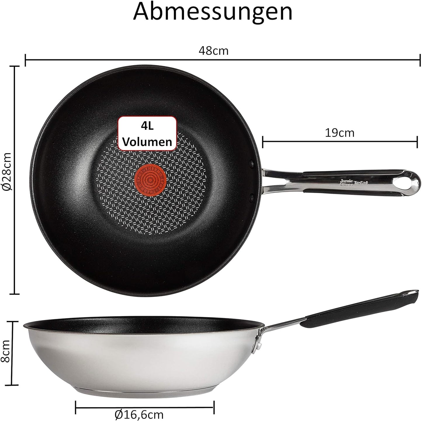 Tefal E30 Jamie Oliver Set 4 Wokpfanne Induktion 28 cm, Wokpfanne mit Antihaftbeschichtung, Spülmaschinenfest, Rutschfester Griff, Für Alle Herdarten, Silber, Hitzebeständig bis 260°C