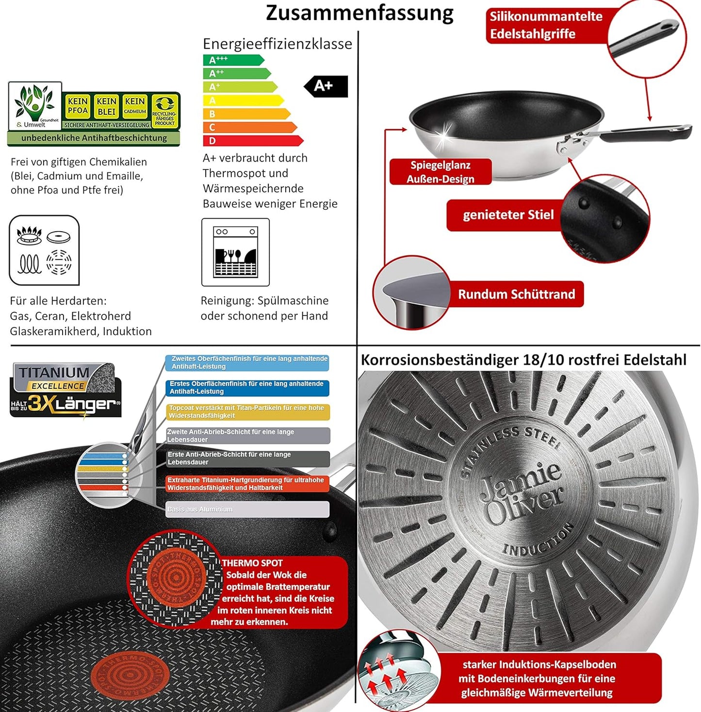 Tefal E30 Jamie Oliver Set 4 Wokpfanne Induktion 28 cm, Wokpfanne mit Antihaftbeschichtung, Spülmaschinenfest, Rutschfester Griff, Für Alle Herdarten, Silber, Hitzebeständig bis 260°C