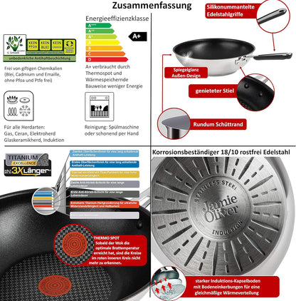 Tefal E30 Jamie Oliver Set 4 Wokpfanne Induktion 28 cm, Wokpfanne mit Antihaftbeschichtung, Spülmaschinenfest, Rutschfester Griff, Für Alle Herdarten, Silber, Hitzebeständig bis 260°C