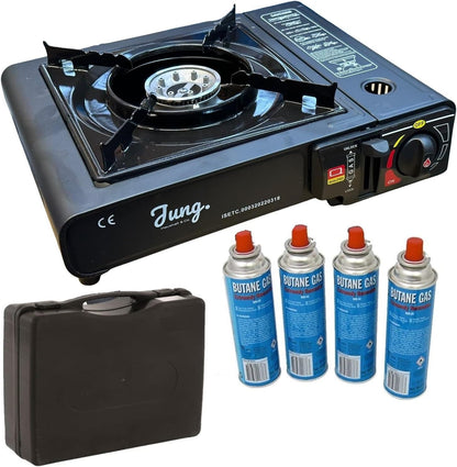 JUNG HappyHome Camping Gaskocher mit 1 Flamme inkl. 4 Butangas-Kartuschen & Tragekoffer – Mobiler Outdoor Gaskocher mit Piezo-Zündung, tragbarer Notfall-Gasherd für Camping, Festival & Krisensituationen