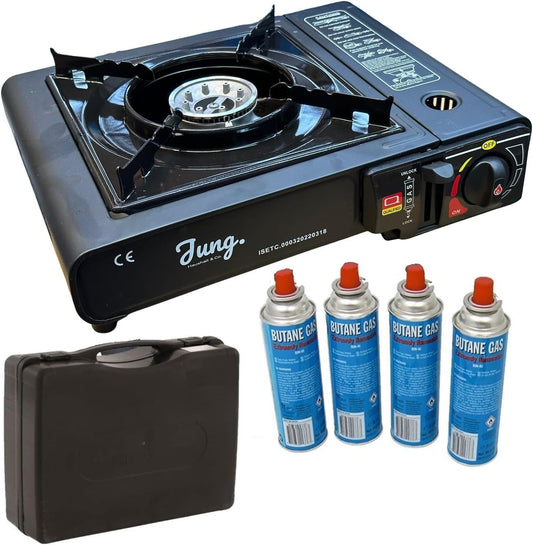 JUNG HappyHome Camping Gaskocher mit 1 Flamme inkl. 4 Butangas-Kartuschen & Tragekoffer – Mobiler Outdoor Gaskocher mit Piezo-Zündung, tragbarer Notfall-Gasherd für Camping, Festival & Krisensituationen