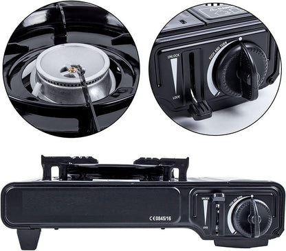 JUNG HappyHome Camping Gaskocher mit 1 Flamme inkl. 4 Butangas-Kartuschen & Tragekoffer – Mobiler Outdoor Gaskocher mit Piezo-Zündung, tragbarer Notfall-Gasherd für Camping, Festival & Krisensituationen