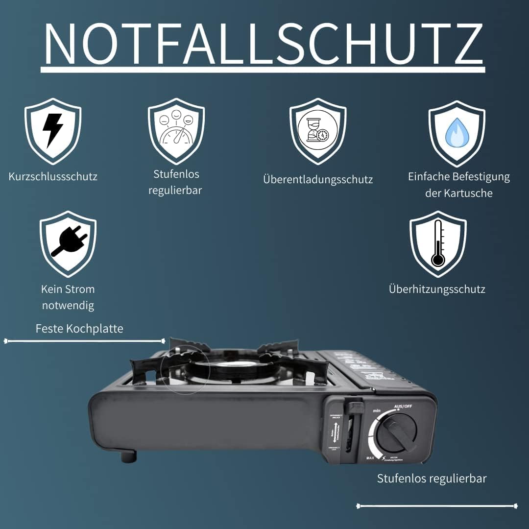 JUNG HappyHome Camping Gaskocher mit 1 Flamme inkl. 4 Butangas-Kartuschen & Tragekoffer – Mobiler Outdoor Gaskocher mit Piezo-Zündung, tragbarer Notfall-Gasherd für Camping, Festival & Krisensituationen