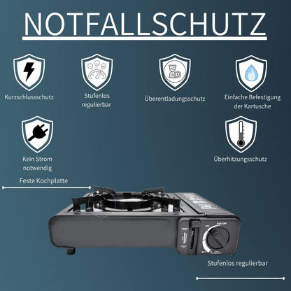 JUNG HappyHome Camping Gaskocher mit 1 Flamme inkl. 4 Butangas-Kartuschen & Tragekoffer – Mobiler Outdoor Gaskocher mit Piezo-Zündung, tragbarer Notfall-Gasherd für Camping, Festival & Krisensituationen