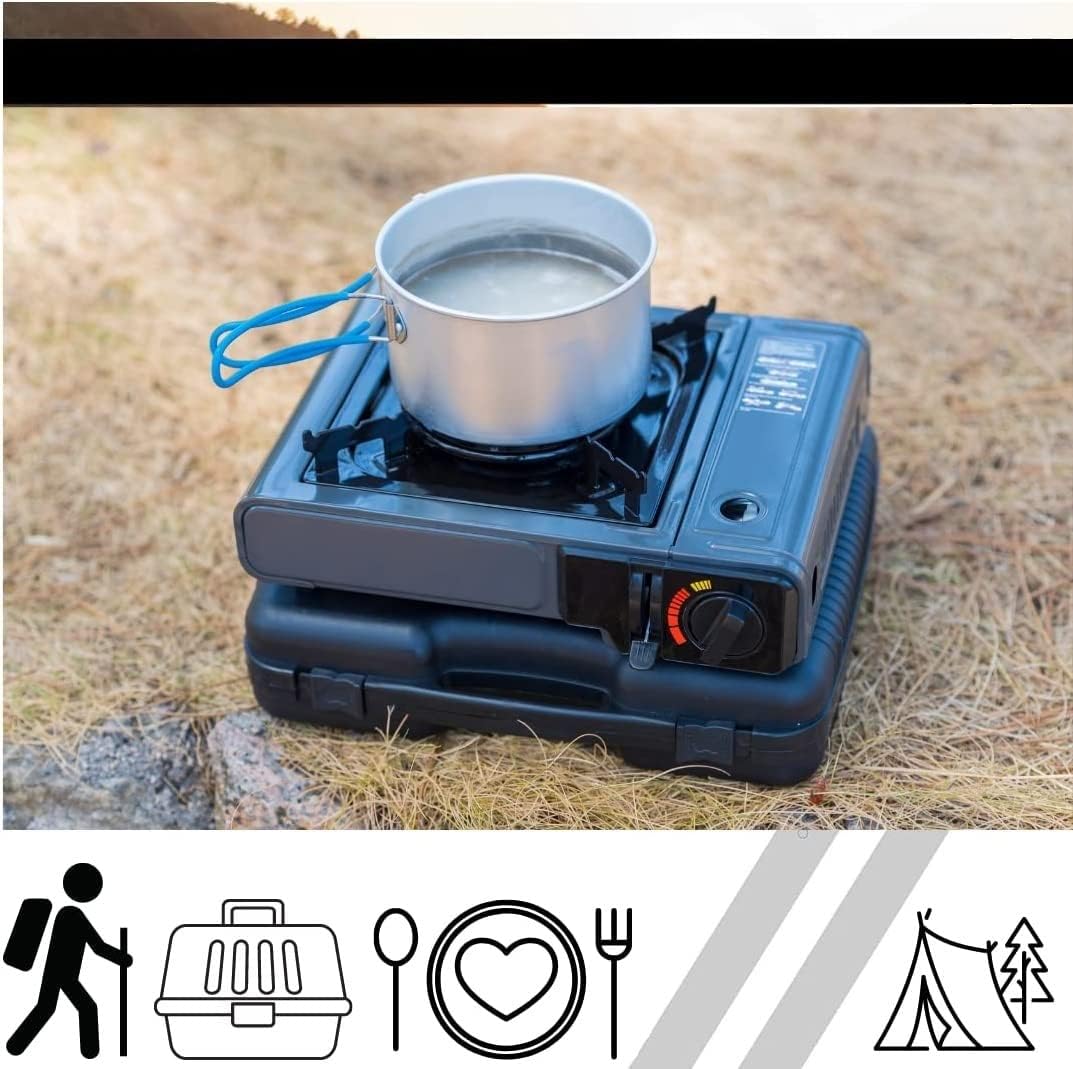 JUNG HappyHome Camping Gaskocher mit 1 Flamme inkl. 4 Butangas-Kartuschen & Tragekoffer – Mobiler Outdoor Gaskocher mit Piezo-Zündung, tragbarer Notfall-Gasherd für Camping, Festival & Krisensituationen