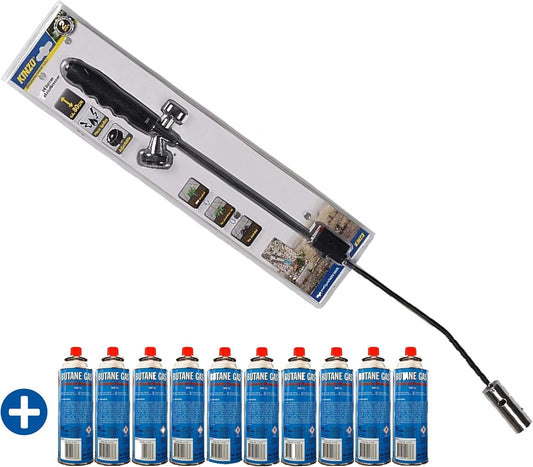 JUNG Kinzo Unkrautvernichter mit Piezozündung 80 cm, inkl. 10 Butangaskartuschen à 227 g, Gasbrenner mit regulierbarer Flamme, ideal für Grillanzünder, Shishakohleanzünder, max 1000°C