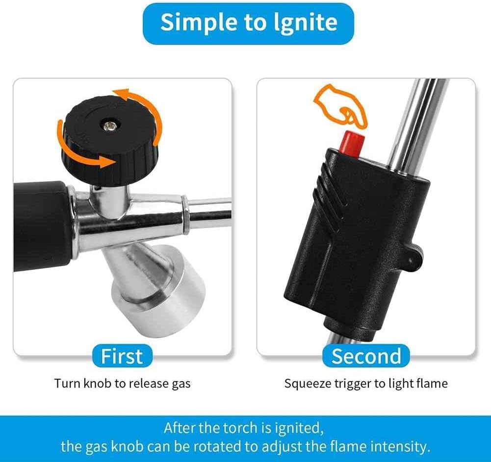 JUNG Kinzo Unkrautvernichter mit Piezozündung 80 cm, inkl. 10 Butangaskartuschen à 227 g, Gasbrenner mit regulierbarer Flamme, ideal für Grillanzünder, Shishakohleanzünder, max 1000°C