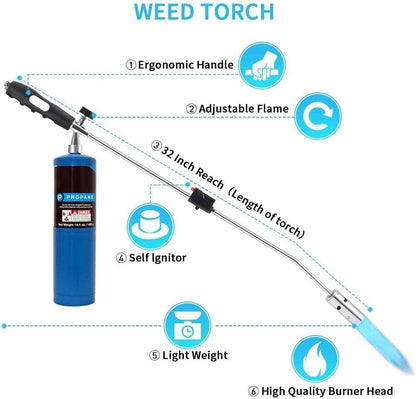 JUNG Kinzo Unkrautvernichter mit Piezozündung 80 cm, inkl. 10 Butangaskartuschen à 227 g, Gasbrenner mit regulierbarer Flamme, ideal für Grillanzünder, Shishakohleanzünder, max 1000°C