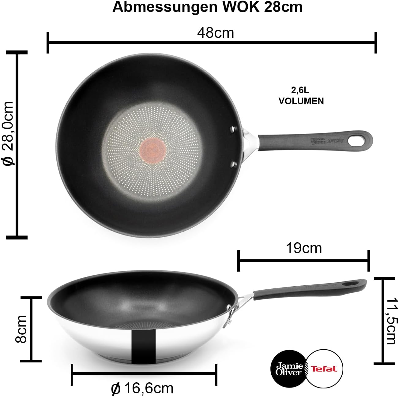 Tefal E30 Jamie Oliver Edelstahl Wok 28 cm, Antihaftbeschichtet, Induktionsfähig, Thermo-Signal, Backofenfest bis 175°C, Hitzebeständig bis 260°C, Genieteter Edelstahlgriff mit Silikon