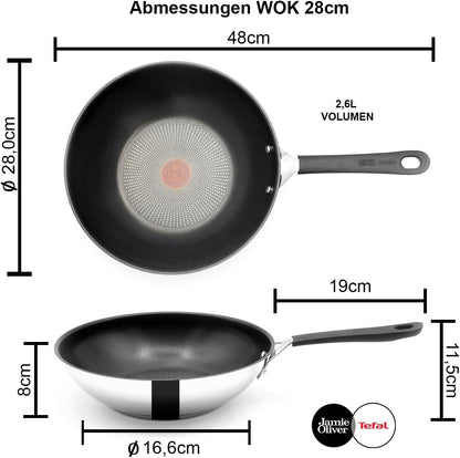 Tefal E30 Jamie Oliver Edelstahl Wok 28 cm, Antihaftbeschichtet, Induktionsfähig, Thermo-Signal, Backofenfest bis 175°C, Hitzebeständig bis 260°C, Genieteter Edelstahlgriff mit Silikon