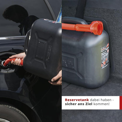 Walser Benzinkanister 10L, UN-geprüfter Kraftstoffkanister, Sicherheitsverschluss, Kunststoffkanister für Benzin und Diesel, mit Ausgießer, Reservekanister schwarz/rot für Auto und Garage