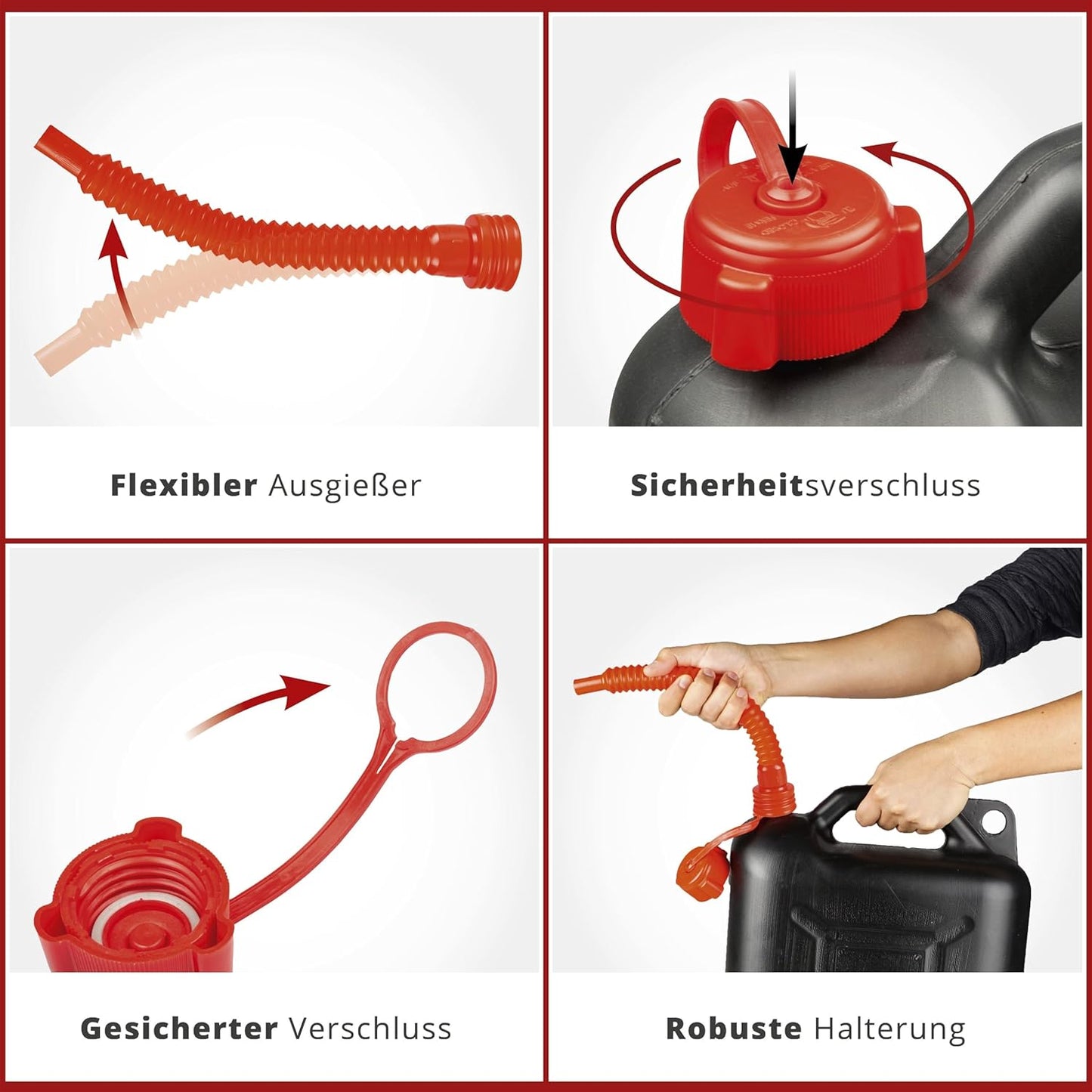 Walser Benzinkanister 10L, UN-geprüfter Kraftstoffkanister, Sicherheitsverschluss, Kunststoffkanister für Benzin und Diesel, mit Ausgießer, Reservekanister schwarz/rot für Auto und Garage