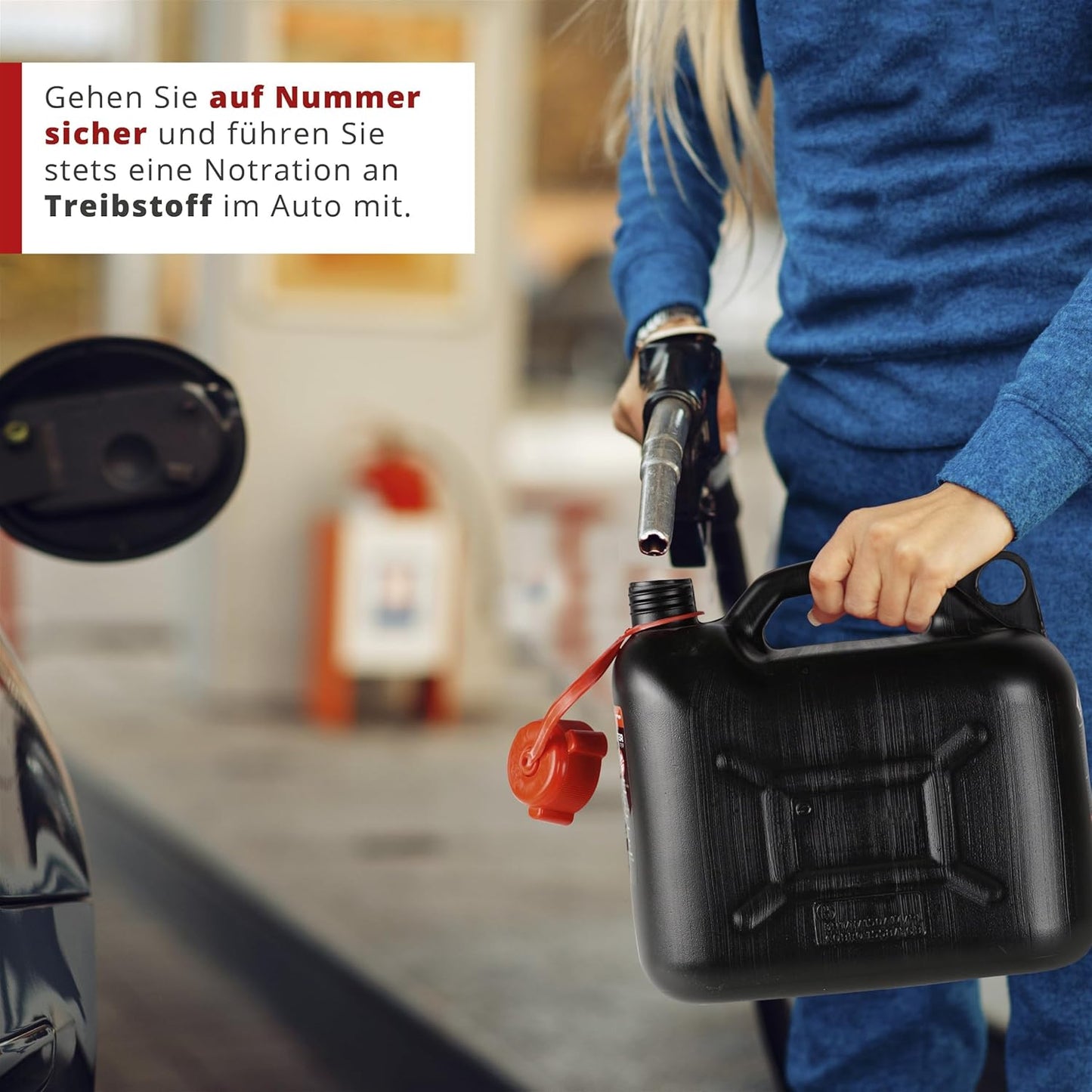 Walser Benzinkanister 10L, UN-geprüfter Kraftstoffkanister, Sicherheitsverschluss, Kunststoffkanister für Benzin und Diesel, mit Ausgießer, Reservekanister schwarz/rot für Auto und Garage