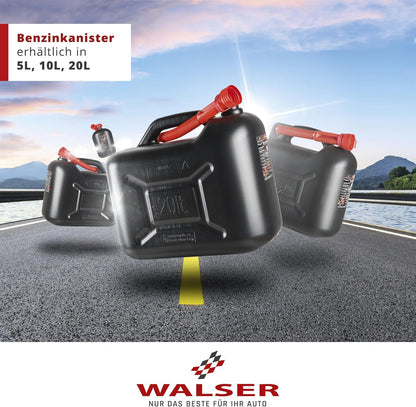 Walser Benzinkanister 10L, UN-geprüfter Kraftstoffkanister, Sicherheitsverschluss, Kunststoffkanister für Benzin und Diesel, mit Ausgießer, Reservekanister schwarz/rot für Auto und Garage