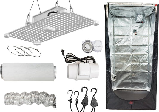 JUNG Weedness Growbox Komplettset 400W LED mit Mixed Inline Lüfter, Aktivkohlefilter 125mm, Zeitschaltuhr, 100x100x200 cm – Indoor Grow Zelt für Anbau und Zucht von Pflanzen