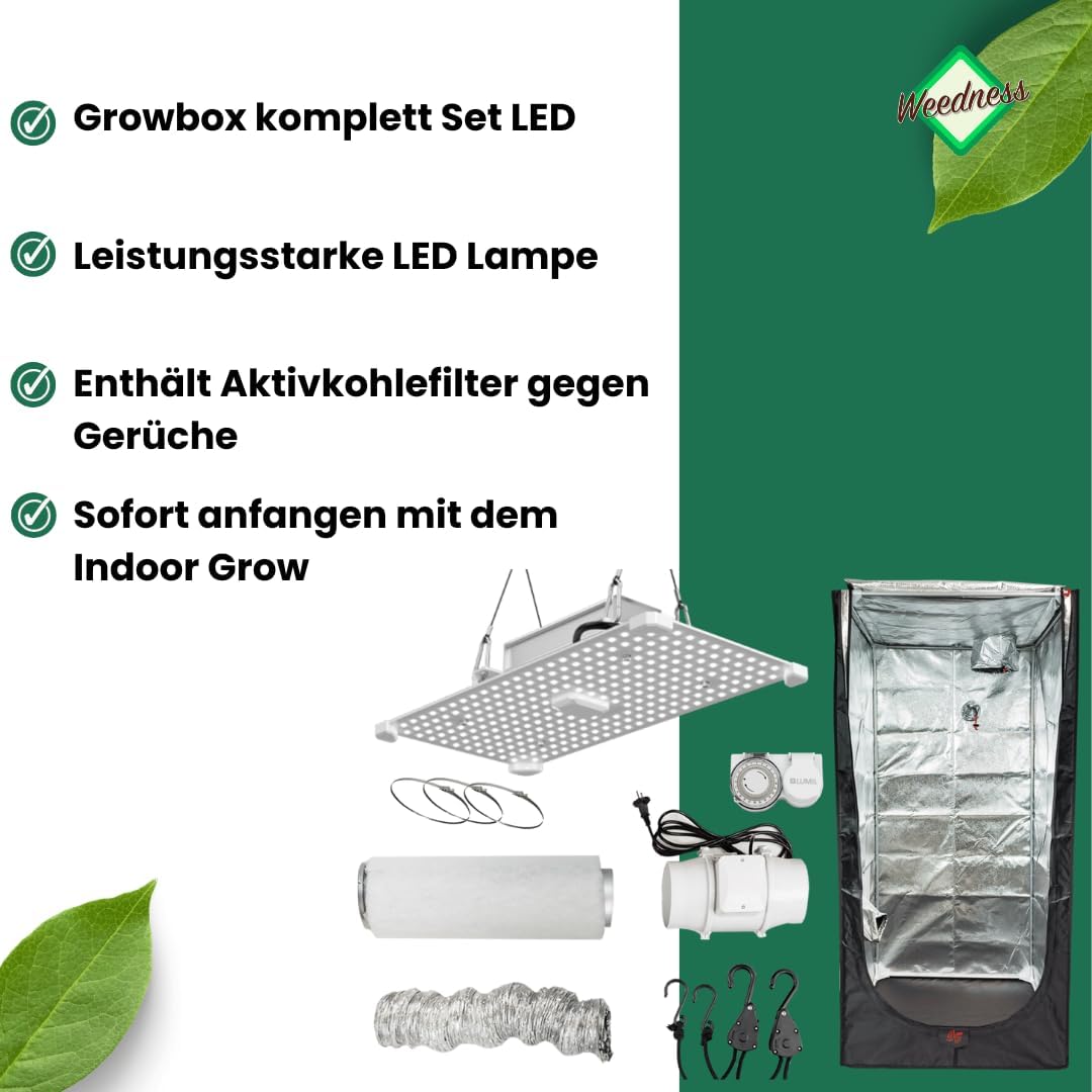 JUNG Weedness Growbox Komplettset 400W LED mit Mixed Inline Lüfter, Aktivkohlefilter 125mm, Zeitschaltuhr, 100x100x200 cm – Indoor Grow Zelt für Anbau und Zucht von Pflanzen
