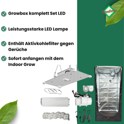 JUNG Weedness Growbox Komplettset 400W LED mit Mixed Inline Lüfter, Aktivkohlefilter 125mm, Zeitschaltuhr, 100x100x200 cm – Indoor Grow Zelt für Anbau und Zucht von Pflanzen