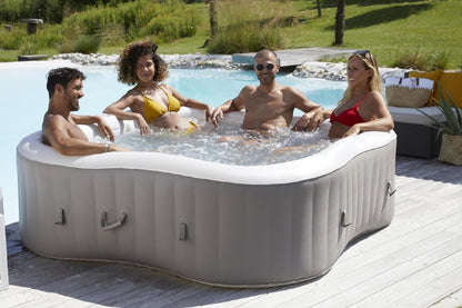 JUNG Infinite Xtra Whirlpool aufblasbar beheizt für 4 Personen – Kleeblatt SPA Pool Indoor Outdoor 198x198 cm mit 150 Luftdüsen, PVC Struktur, Filter & Heizung, selbstaufblasend, 900 Liter
