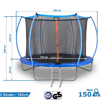 SENA X-Tramp Selection Trampolin Ø 183 cm, Gartentrampolin für 2 Kinder oder 1 Erwachsener, TÜV geprüft, 150 kg belastbar, mit Sicherheitsnetz und Polsterung, ideales Fitness- und Spielgerät für den Garten