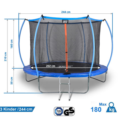 SENA X-Tramp Selection Ø 244 cm, Gartentrampolin für 3 Kinder oder 2 Erwachsene, TÜV geprüft, 180 kg belastbar, mit Sicherheitsnetz, Randabdeckung und Polsterung, ideales Fitness- und Spielgerät für den Garten