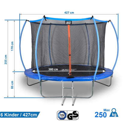 SENA X-Tramp Selection Trampolin Ø 427 cm, Gartentrampolin für 6 Kinder oder 4 Erwachsene, TÜV geprüft, 250 kg belastbar, mit Sicherheitsnetz, Randabdeckung und Polsterung, ideales Fitness- und Spielgerät für den Garten