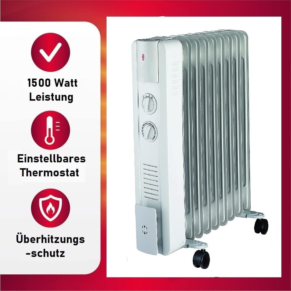 JUNG YPSOS WIN15 Elektrischer Ölradiator Heizkörper mit 7 Heizlamellen – 1500W Energiesparendes, Mobiles Elektroheizgerät mit Thermostat, leise Raumheizung für Innenräume bis 20qm, tragbar und kompakt