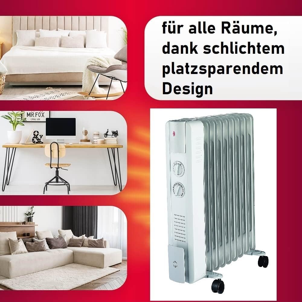 JUNG YPSOS WIN20 Elektrischer Ölradiator Heizkörper mit 11 Heizlamellen – 2000W Hochleistungs-Elektroheizgerät mit Thermostat, energiesparend, mobil, sicher, Raumheizung für Innenräume bis 30qm