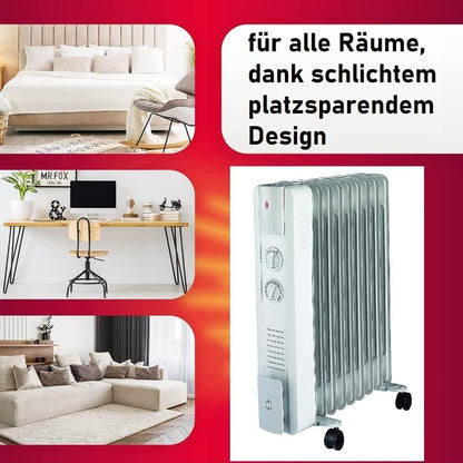 JUNG YPSOS WIN25 Elektrischer Ölradiator Heizkörper mit 13 Heizlamellen – 2500W Hochleistungs-Elektroheizgerät mit Thermostat, energiesparend, mobil, sicher, Raumheizung für Innenräume bis 40qm