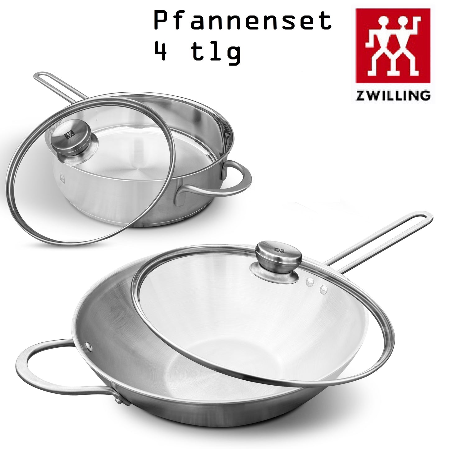 Zwilling TWIN NOVA 4-teiliges Pfannenset – Wok 30 cm, Schmorpfanne 24 cm mit Glasdeckel, Induktionsgeeignet, Edelstahl, Kratzfest
