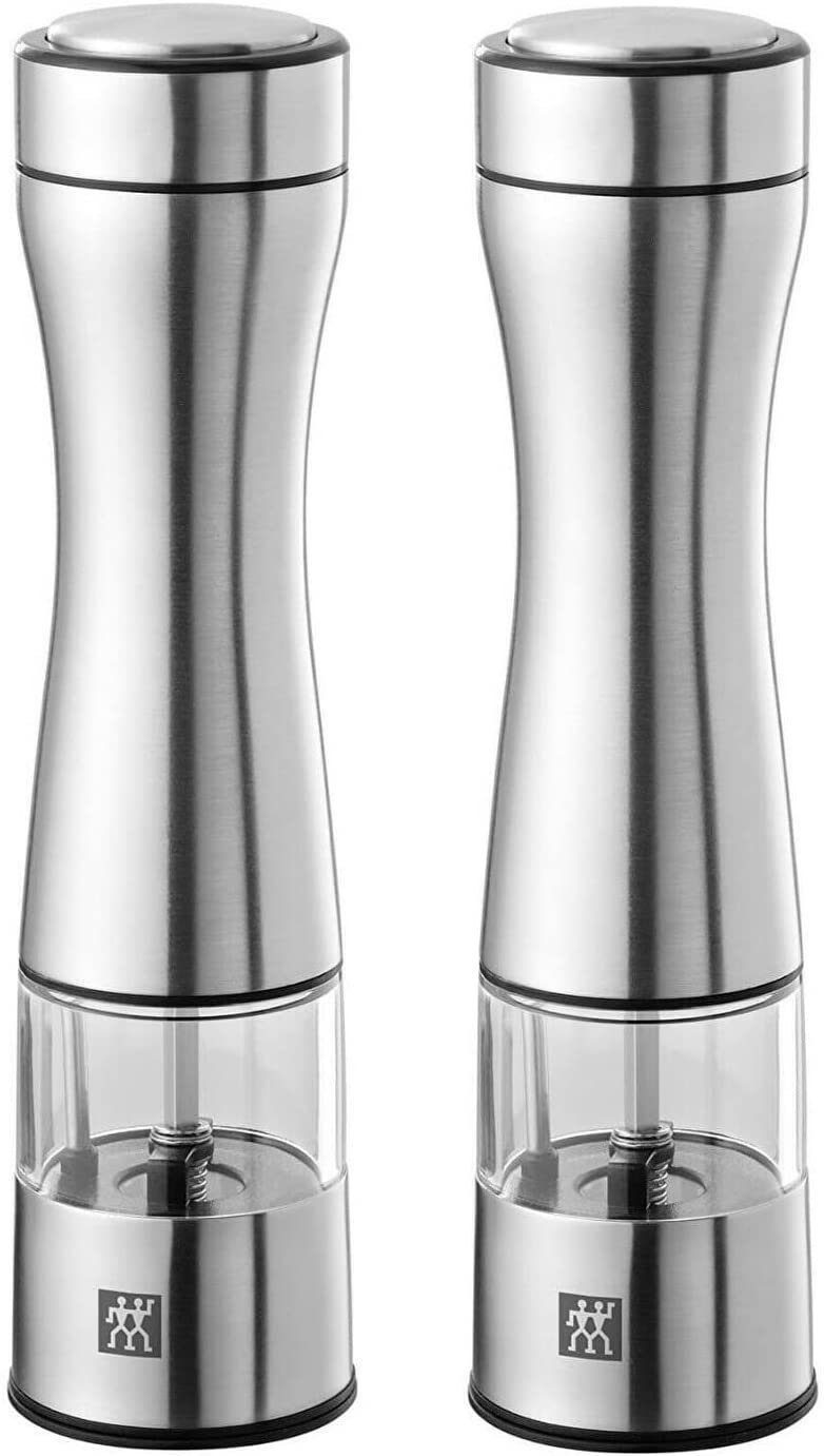 Zwilling Elektrische Salz- & Pfeffermühle 2er Set – Edelstahl, LED-Beleuchtung, Einhandbedienung, Stufenlos Einstellbares Keramikmahlwerk für Salz, Pfeffer & Gewürze