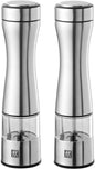 Zwilling Elektrische Salz- & Pfeffermühle 2er Set – Edelstahl, LED-Beleuchtung, Einhandbedienung, Stufenlos Einstellbares Keramikmahlwerk für Salz, Pfeffer & Gewürze