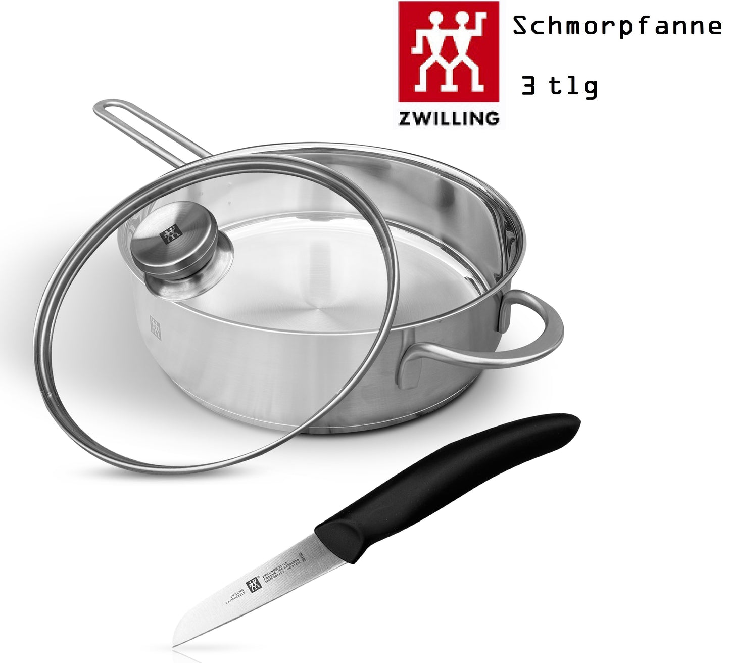Zwilling TwinNova3 Schmorpfanne Induktion 24 cm mit Deckel + Gemüsemesser 8cm, 3 tlg, Saute-Pfanne Unbeschichtet, Hoher Rand, Spülmaschinenfest, Für Alle Herdarten, Silber