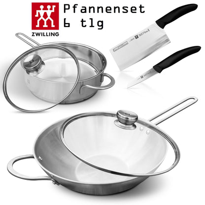 Zwilling TWIN NOVA 6-teiliges Pfannenset – Wok 30 cm, Schmorpfanne 24 cm mit Glasdeckel, chinesisches Kochmesser 18 cm und Gemüsemesser 8 cm, Induktionsgeeignet, Edelstahl