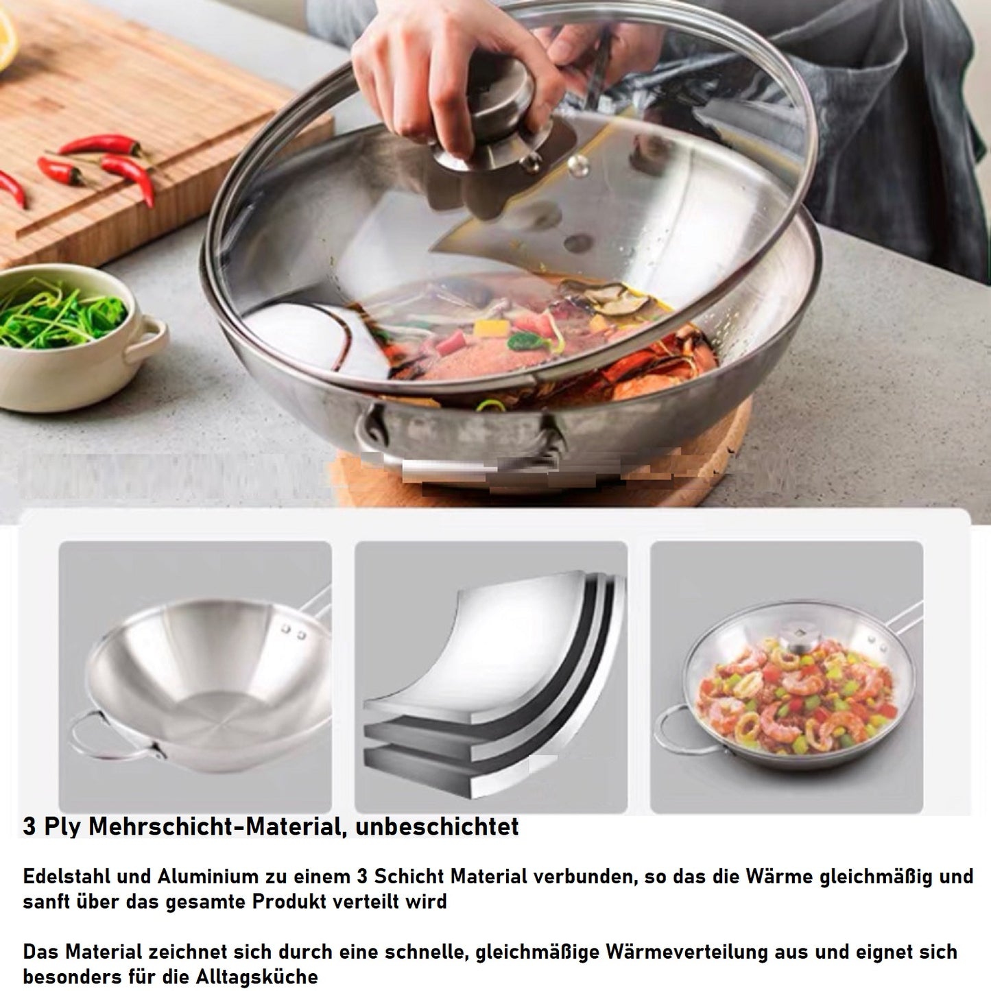 Zwilling TWIN NOVA 6-teiliges Pfannenset – Wok 30 cm, Schmorpfanne 24 cm mit Glasdeckel, chinesisches Kochmesser 18 cm und Gemüsemesser 8 cm, Induktionsgeeignet, Edelstahl