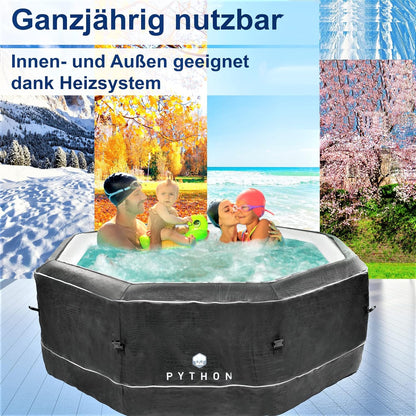 PYTHON Whirlpool aufblasbar achteckig Krokodil-Optik für 5 Personen, SPA Outdoor & Indoor beheizbar mit 130 Luftdüsen, Selbstaufblasend mit externer Motoreinheit, energiesparend & winterfest