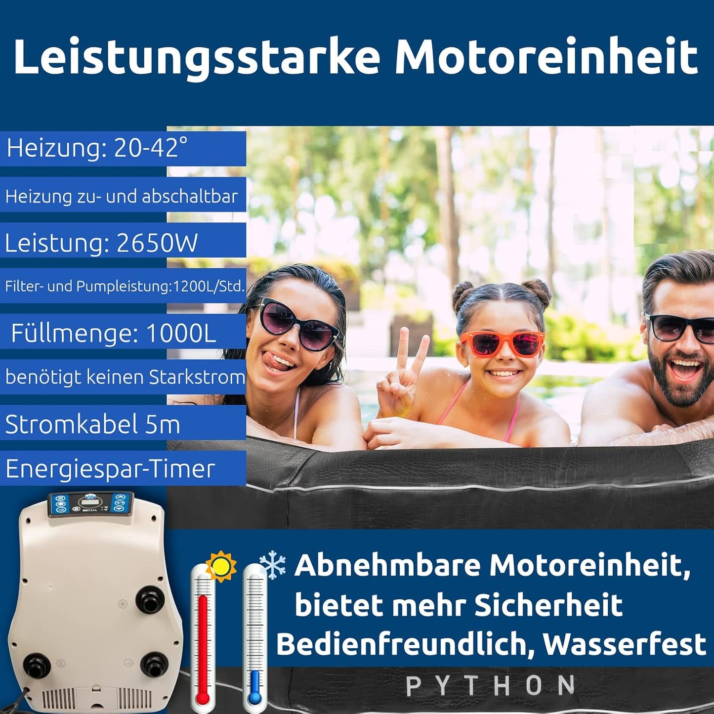 PYTHON Whirlpool aufblasbar achteckig Krokodil-Optik für 5 Personen, SPA Outdoor & Indoor beheizbar mit 130 Luftdüsen, Selbstaufblasend mit externer Motoreinheit, energiesparend & winterfest