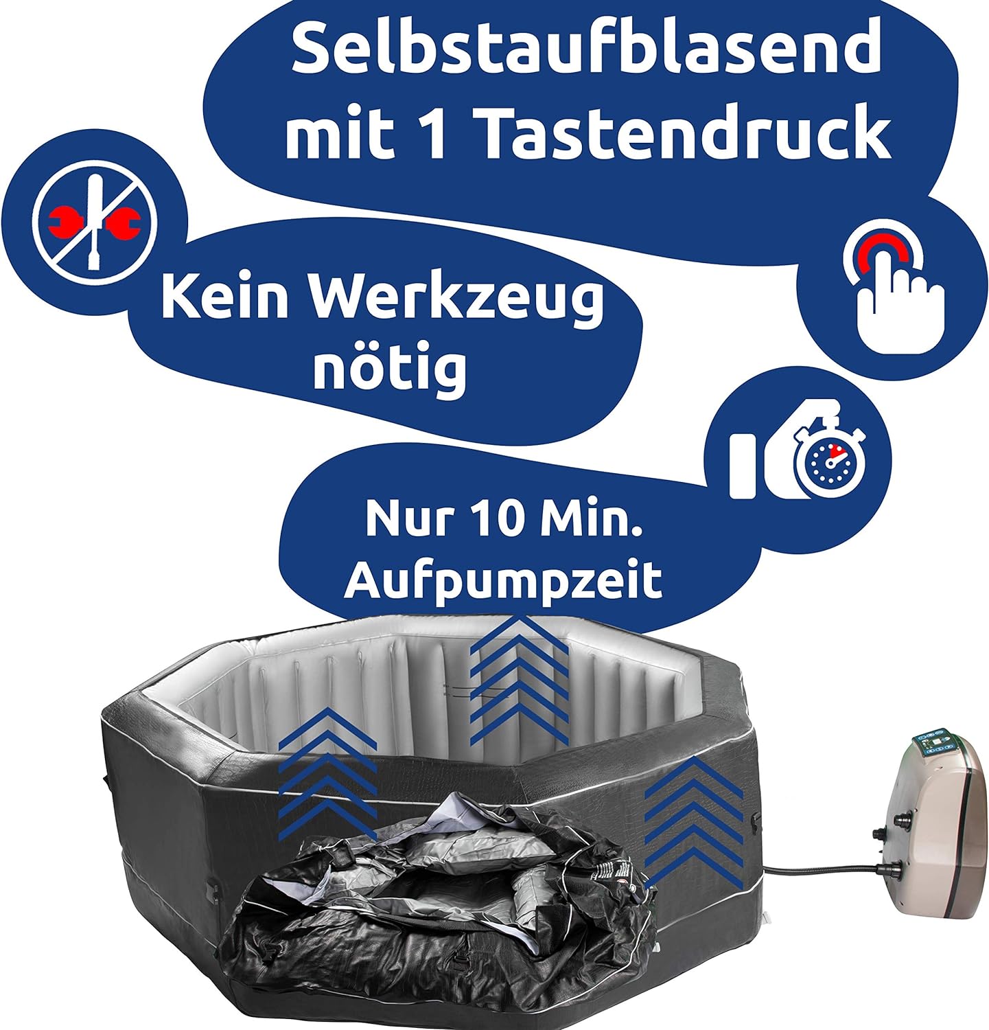 PYTHON Whirlpool aufblasbar achteckig Krokodil-Optik für 5 Personen, SPA Outdoor & Indoor beheizbar mit 130 Luftdüsen, Selbstaufblasend mit externer Motoreinheit, energiesparend & winterfest