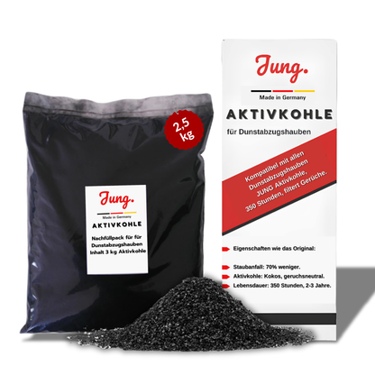 JUNG Aktivkohle Nachfüllpack 2,5 kg für Dunstabzugshauben – Spezialkohle aus Kokosnussschalen gegen Küchengerüche – Feinstaubreduziert, Universalkompatibel, Langzeitfilter Made in Germany ( 1004748 )