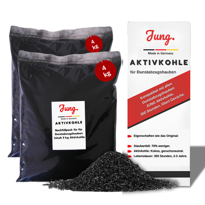 JUNG Aktivkohle Nachfüllpack 2er Set (2x4 kg) für Dunstabzugshauben – Spezialkohle aus Kokosnussschalen gegen Gerüche – Feinstaubreduziert, Universalkompatibel, Made in Germany ( 1004748 )