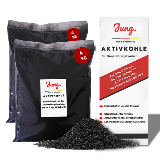 JUNG Aktivkohle Nachfüllpack 2er Set (2x4 kg) für Dunstabzugshauben – Spezialkohle aus Kokosnussschalen gegen Gerüche – Feinstaubreduziert, Universalkompatibel, Made in Germany ( 1004748 )